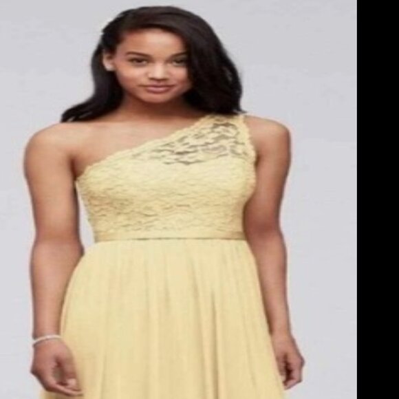 DAVIDS BRIDAL 20 Yellow Chiffon Lace ONE SHOULDER GOWN Formal Bridesmaid Prom - Picture 2 of 6